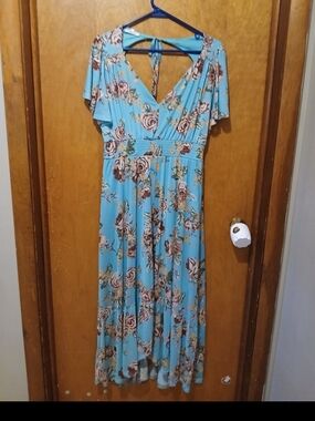 Maurices Aqua Floral Maxi Dress with Tie Back